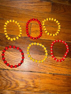 Handmade wooden Yellow and Red Beaded Stretch Bracelets - Set of 6